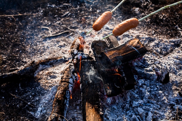 Sausages Getting Ready to Eat Above Fire