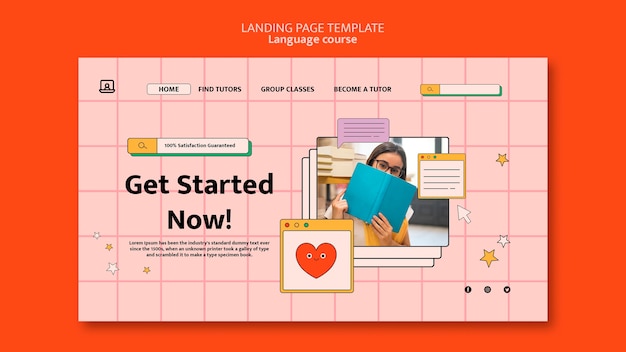 Foreign Language Classes Landing Page Template in Computer Interface Style