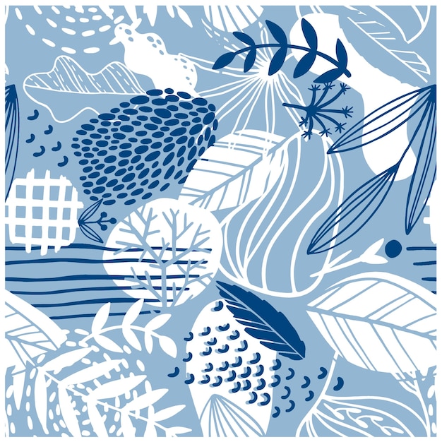 Blue Background with Pattern of Tropical Fruits and Leaves