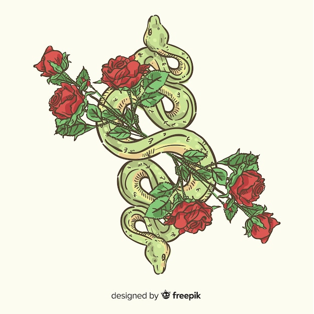 Hand drawn snake with roses background