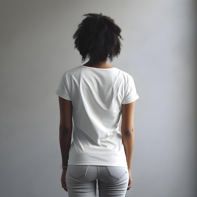 Rear view of young African American woman in blank white t-shirt