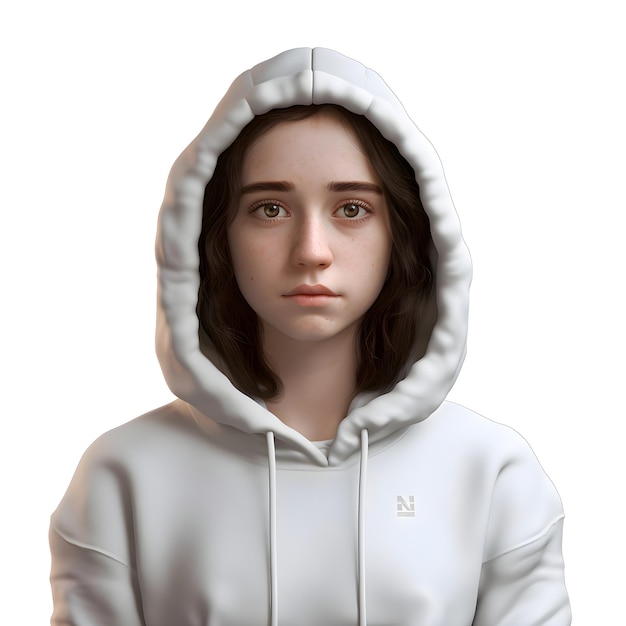 Teenager Girl in White Hoodie 3D Rendering on White Background