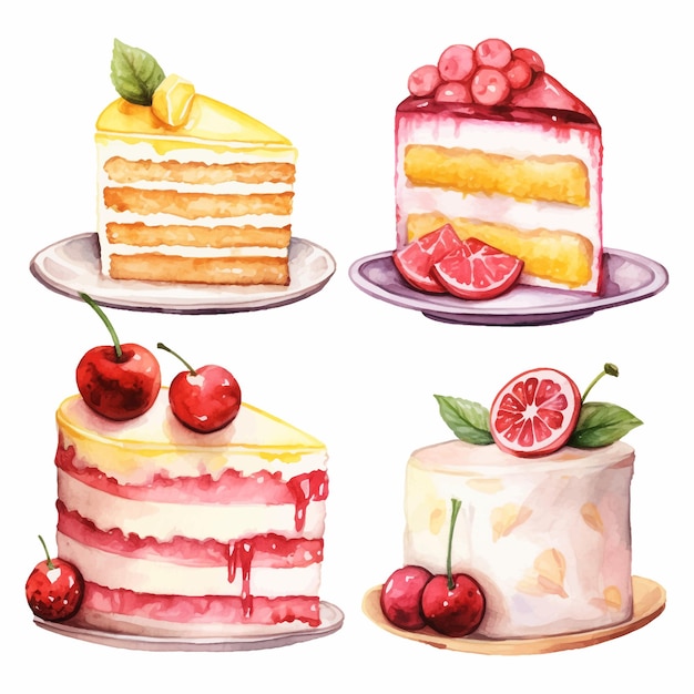 Watercolor Clipart Set of Cakes and Cake Slices Lemon Strawberry and Cherry