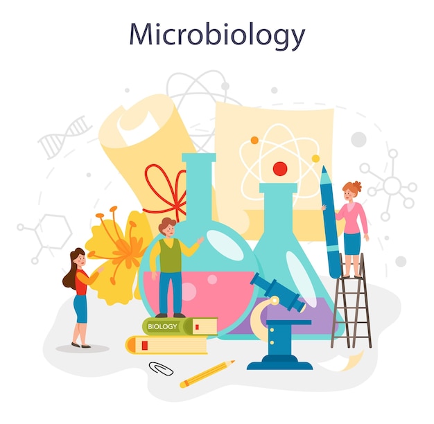 Biology school subject Microbiology lesson Scientist exploring microscopic living organism bacteria and algae