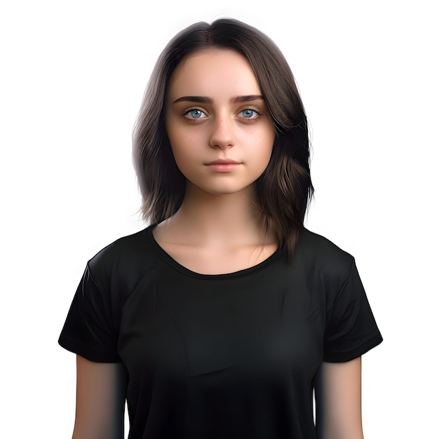 Young woman in black t-shirt isolated on white background