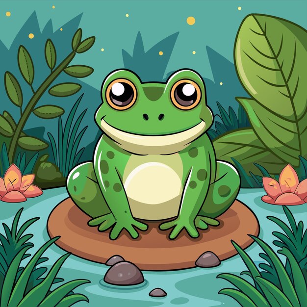 A frog sits on a log in a pond with plants and flowers – Free Stock Photo Download