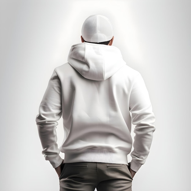 Man in white hoodie on light background mockup for design