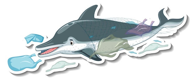 Dolphin stuck in plastic net on white background