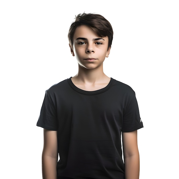 Portrait of a young boy in black t shirt isolated on white background