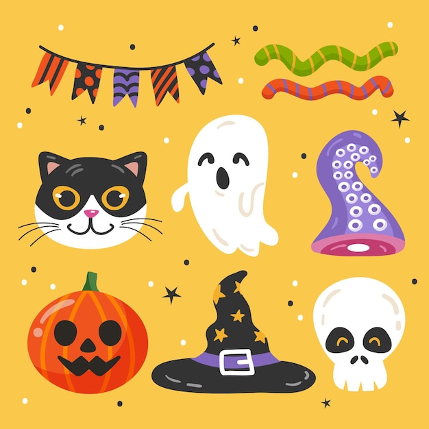 Hand drawn flat halloween elements collection