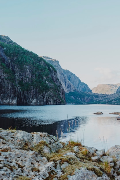 Landscape of a lake surrounded by mountains