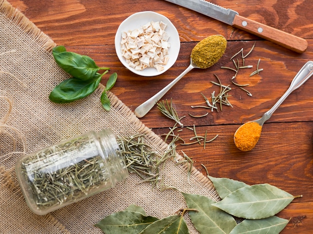 Spoons Full of Spices with Dry Leaves