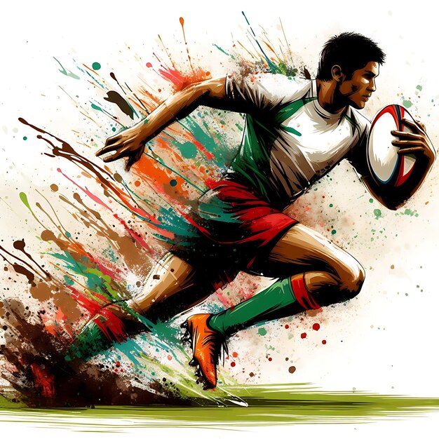 Rugby player in action sprinting with intense energy and colorful splashes