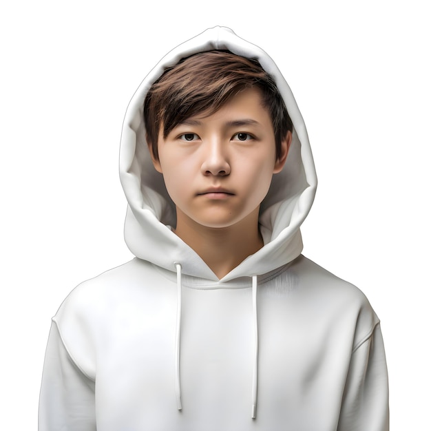 Portrait of young asian man in white hoodie isolated on white background