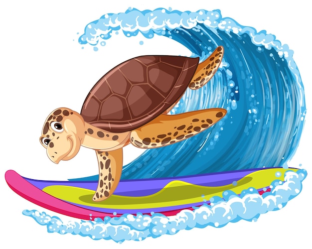 Cute Turtle Cartoon Character Surfing