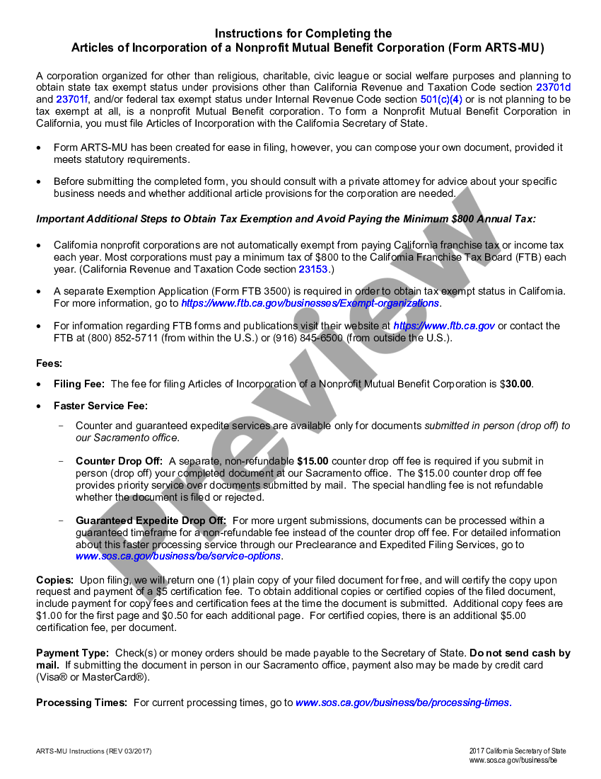 California Articles of Incorporation for Domestic Nonprofit Nonstock 