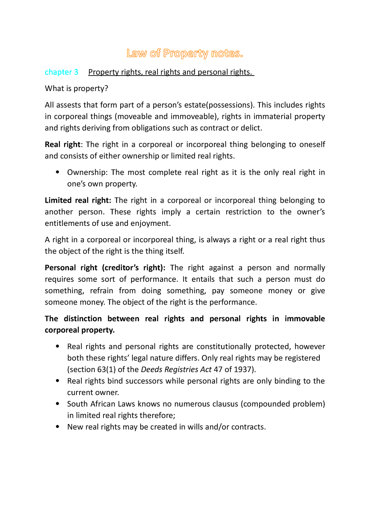 Law of Property notes chapter 3 Property rights real rights and 