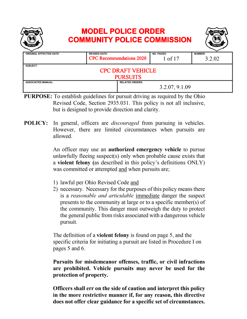 Vehicle Pursuit Policy Recommendations Cleveland Community Police 