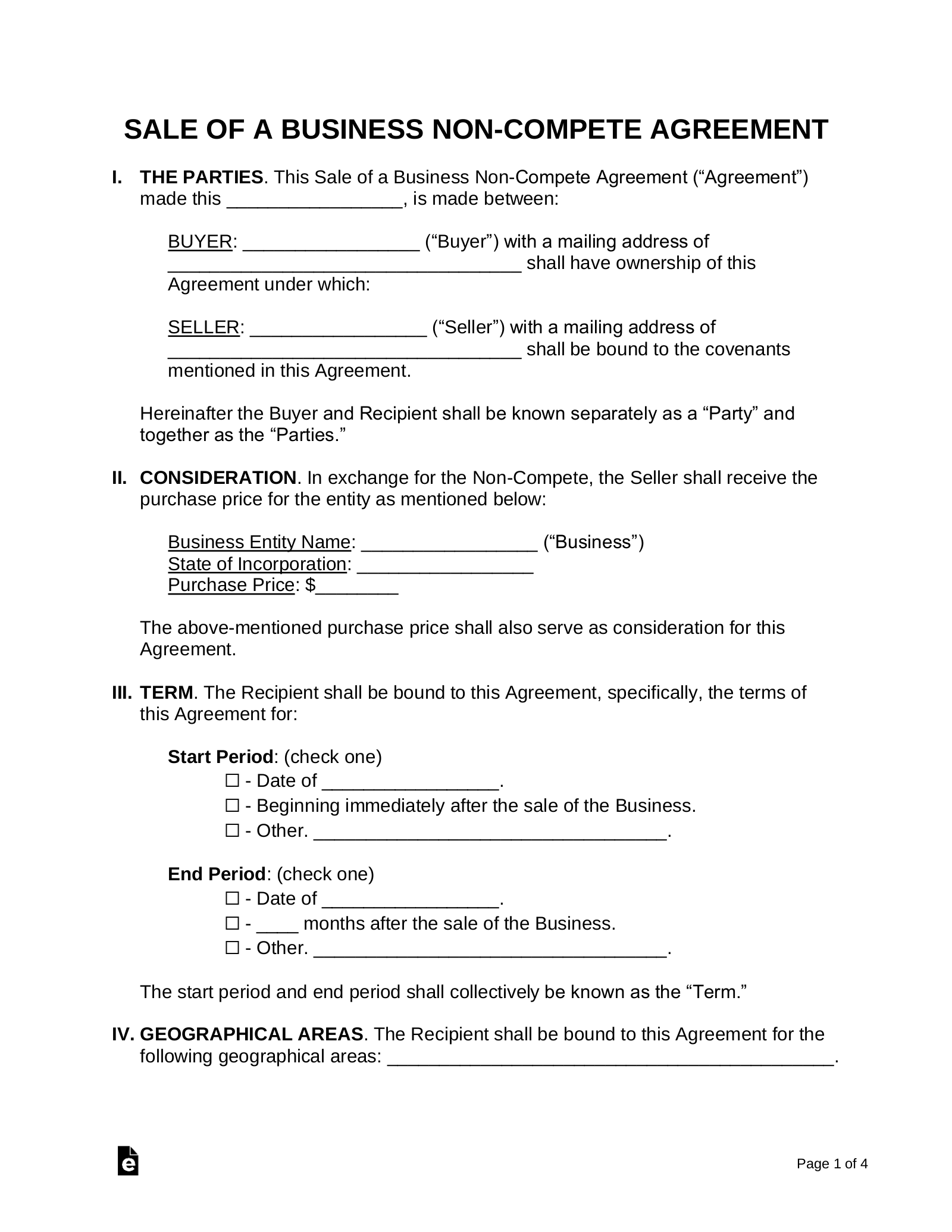 Free Sale of a Business NonCompete Agreement PDF Word eForms