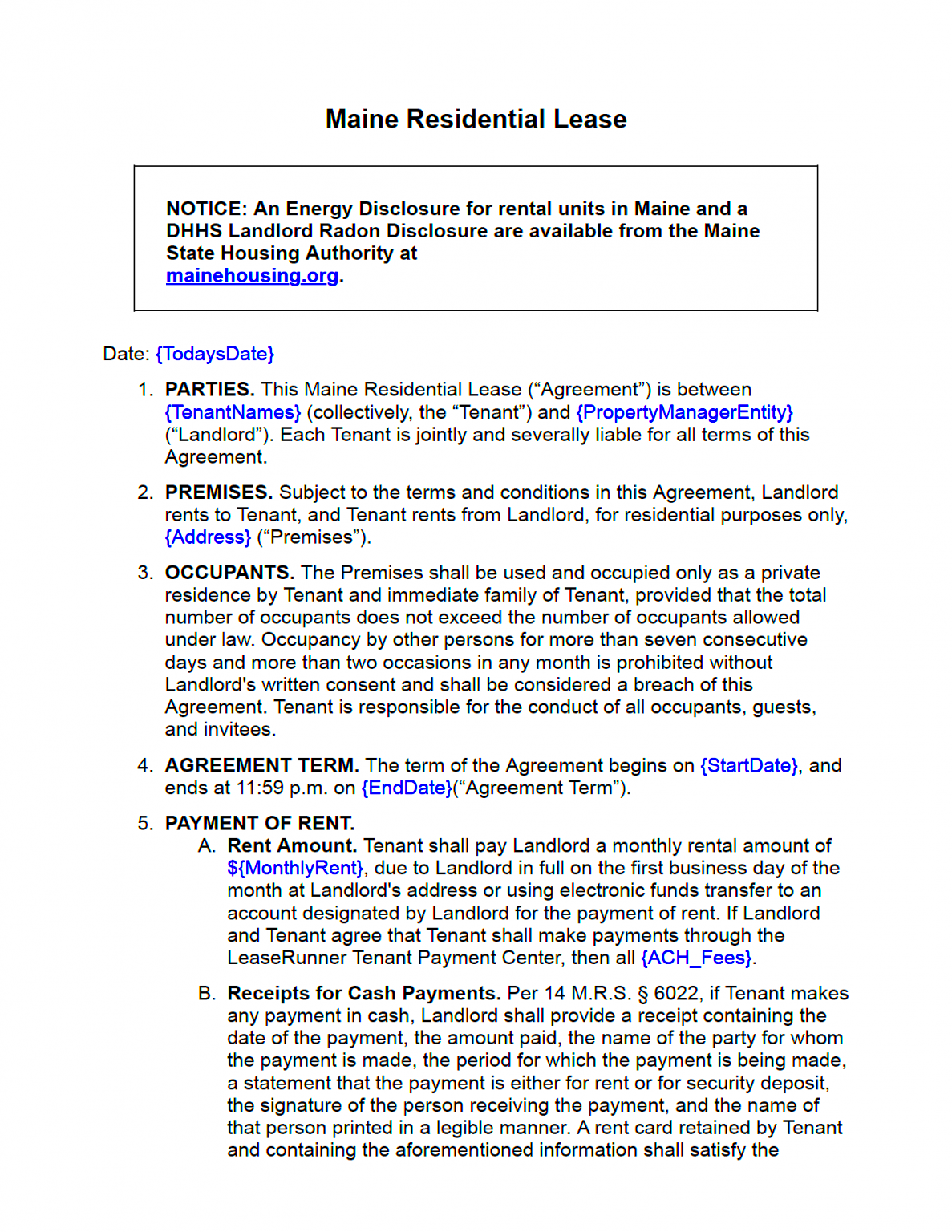 Free Maine Standard Residential Lease Agreement PDF WORD RTF