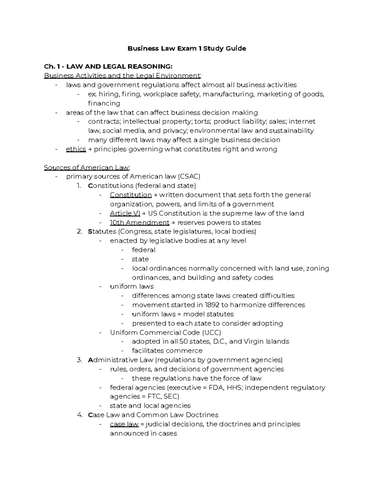 Business Law Exam 1 Study Guide Business Law Exam 1 Study Guide Ch 1 