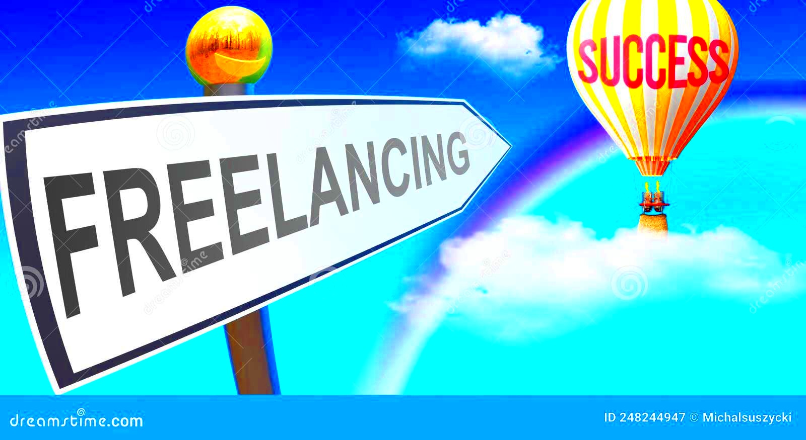 Freelancing And Success Pictured As Word Freelancing And A Balloon 