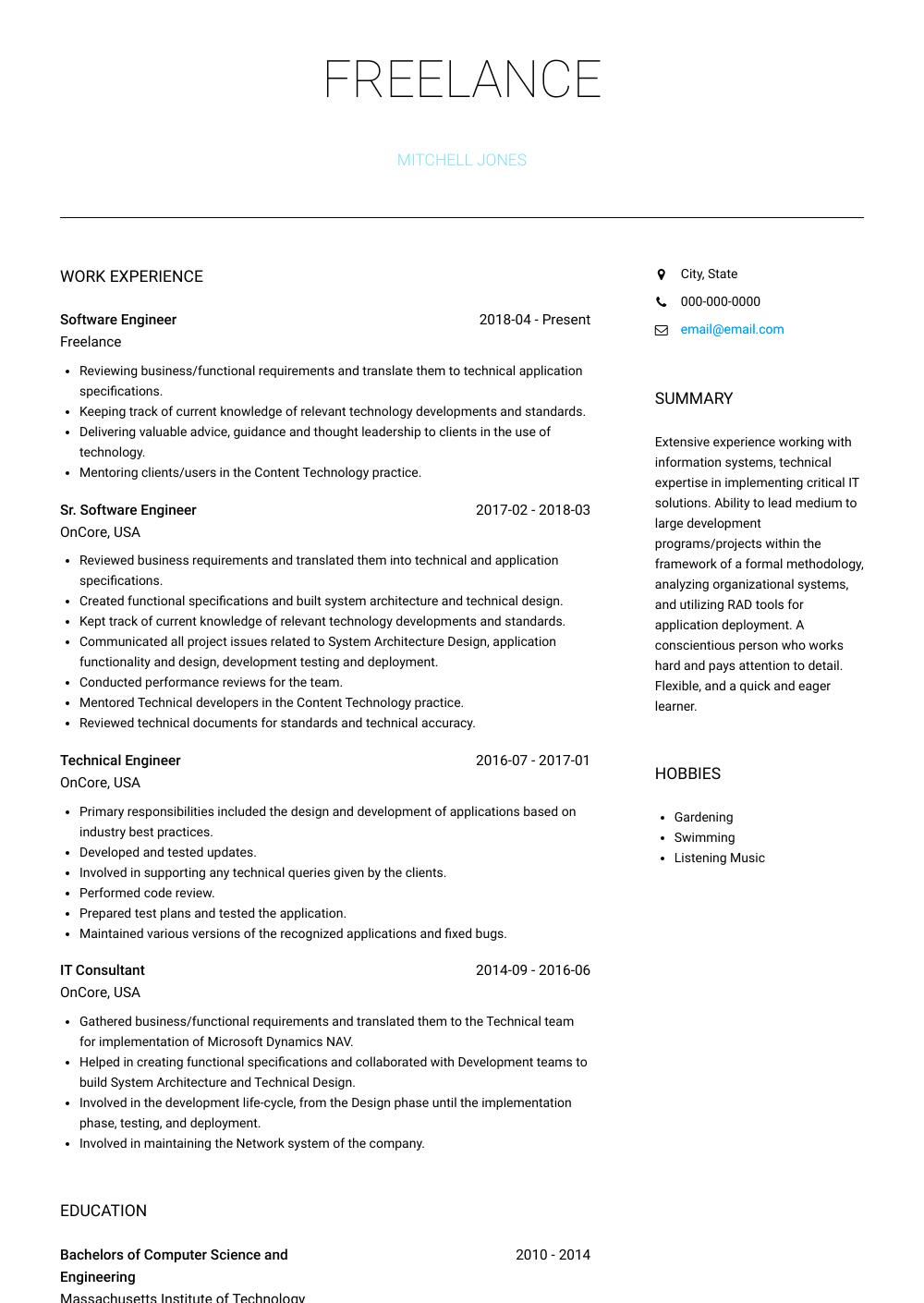 Freelancer Resume Samples and Templates VisualCV