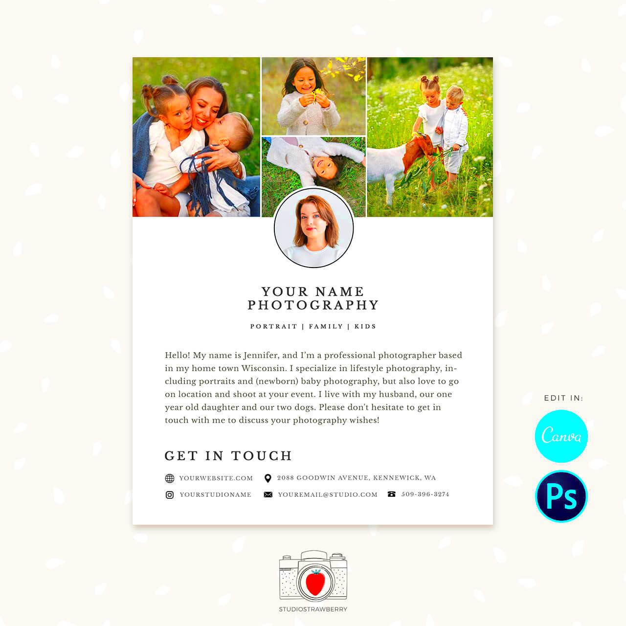 About me page template for Canva Photoshop Strawberry Kit