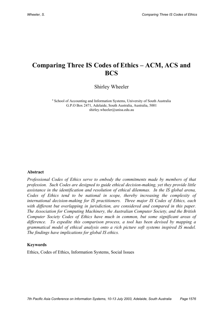 Comparing Three IS Codes of Ethics ACM ACS and BCS