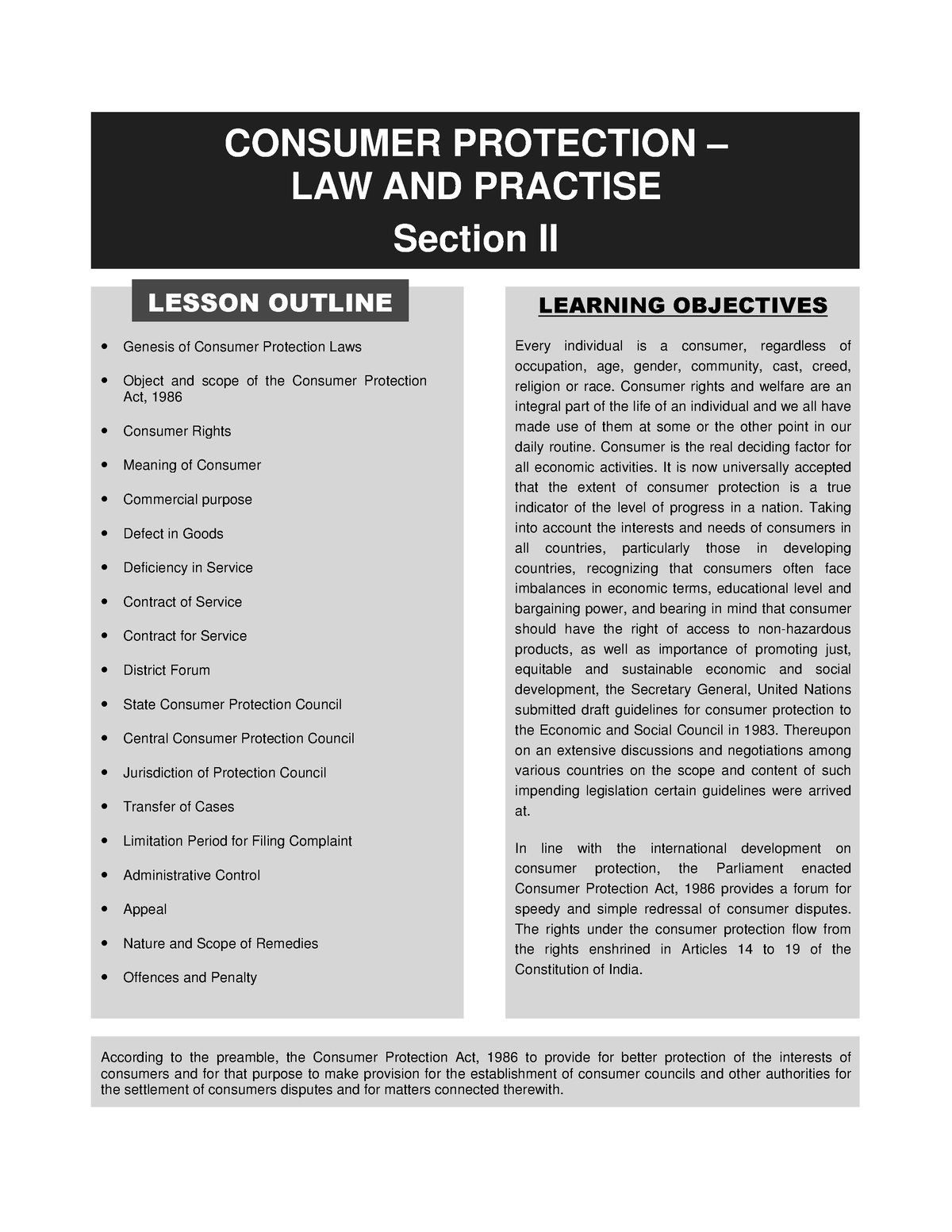 Notes on Consumer Protection Law CONSUMER PROTECTION LAW AND 