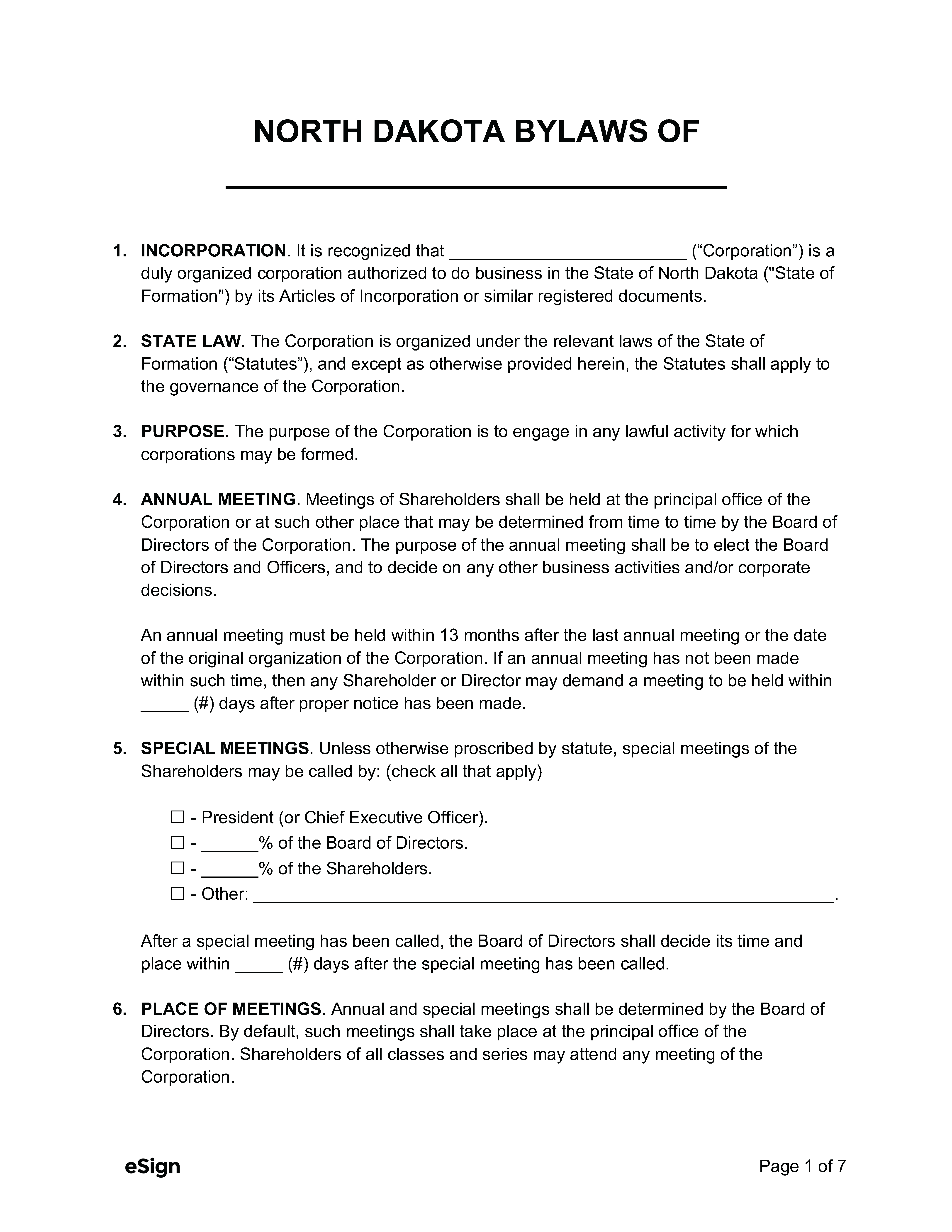 Free North Dakota Corporate Bylaws Template PDF Word