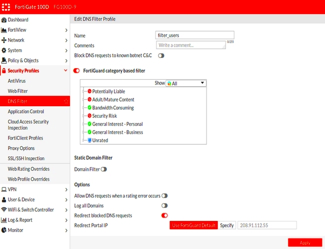 How to configure DNS based FortiGuard web filtering with FortiOS v54