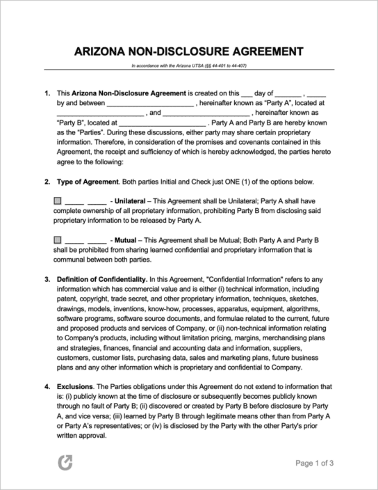 Free Arizona NonDisclosure Agreement Template PDF WORD