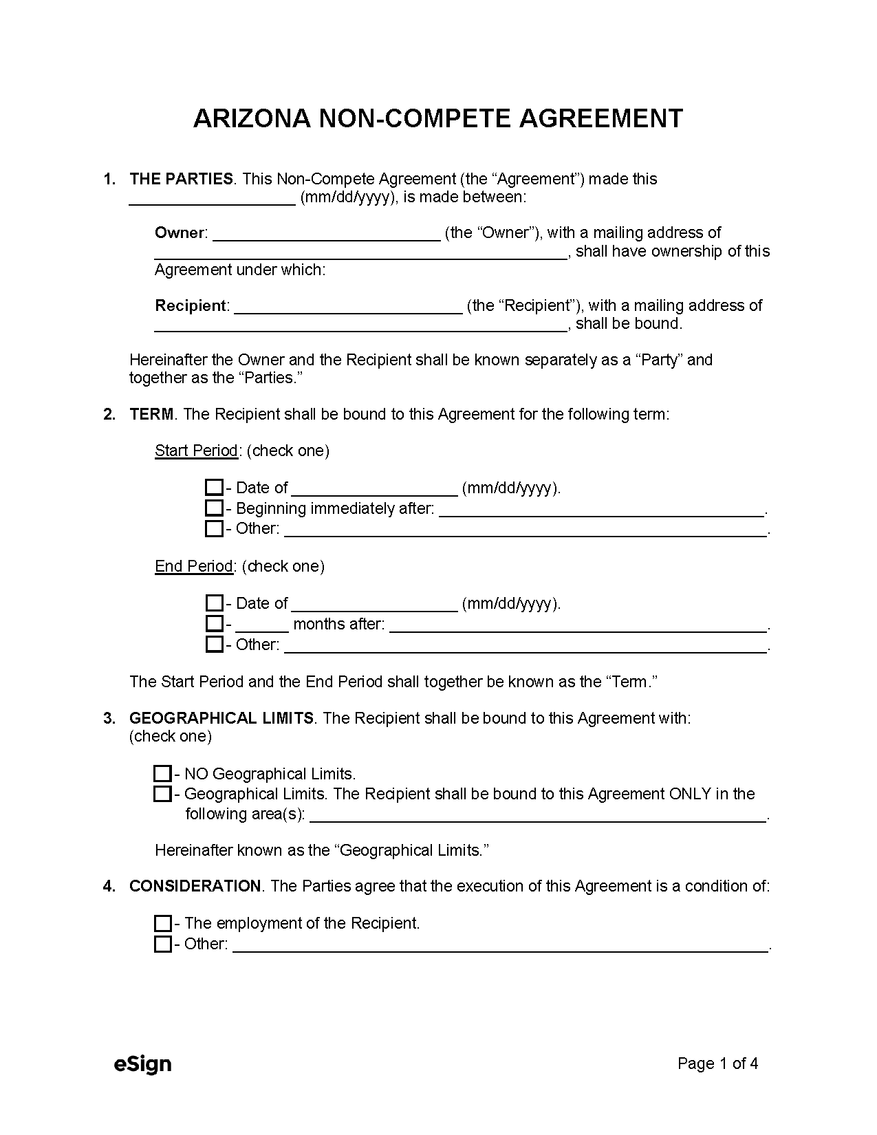 Free Arizona NonCompete Agreement Template PDF Word