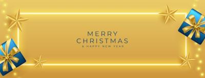 Glowing Merry Christmas Golden Banner with Gift Box and Lights – Free Stock Photo for Download