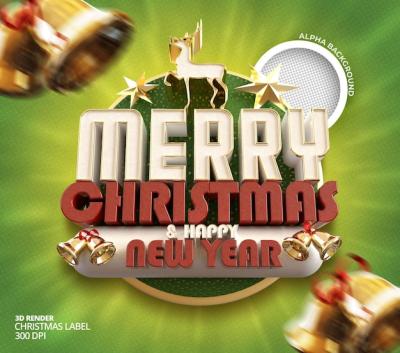 Merry Christmas and Happy New Year Banner – 3D Render Label Template for Free Download