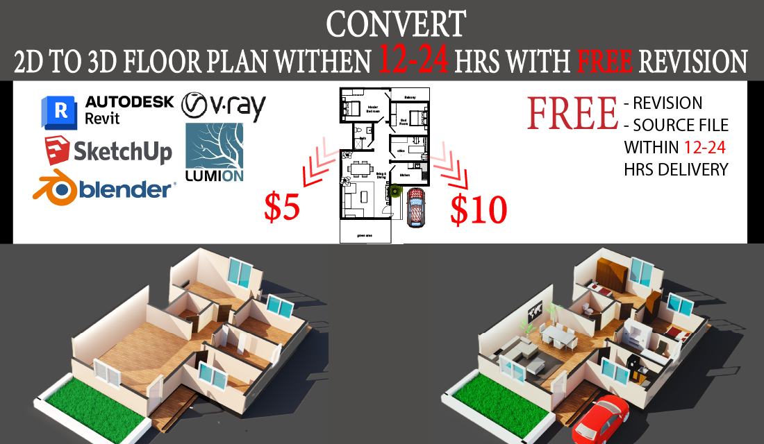 I Will Convert 2D Floor Plan to 3D Floor Plan