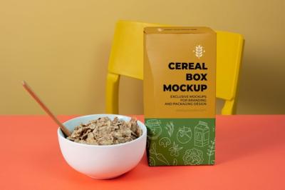 Cereal Box and Bowl on Table Arrangement Mockup – Free to Download