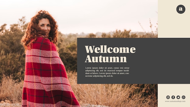 Horizontal Welcome Autumn Web Template Featuring Curly Haired Woman – Free Download