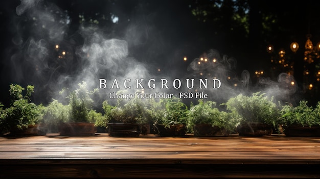 Wooden Table in Front of Night Garden with Lights and Smoke – Free Download