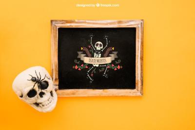 Halloween Mockup Featuring Slate and Skull – Free Download