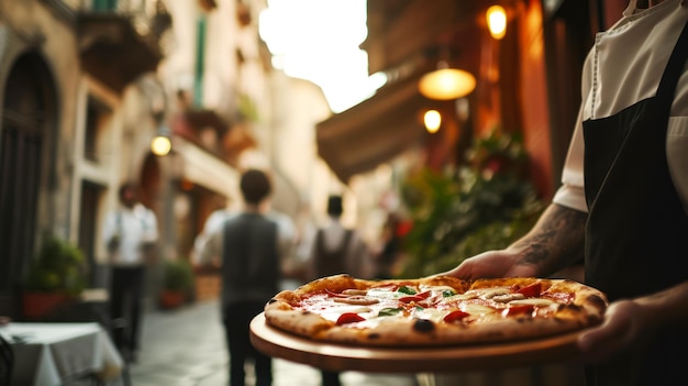 Waiter Serving Pizza on a Wooden Tray in Old Rome Cafe – Free Stock Photo for Download