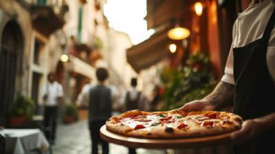 Waiter Serving Pizza on a Wooden Tray in Old Rome Cafe – Free Stock Photo for Download