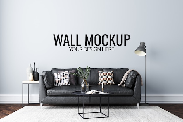 Wall Mockup in White Interior Featuring Sofa and Decoration – Free Download