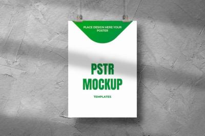 Hanging Poster Mockup on Grey Texture Background with Shadow Overlay – Free Download