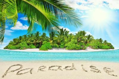 Uninhabited Tropical Island with Palm Trees and “Paradise” Sand Inscription – Free Download