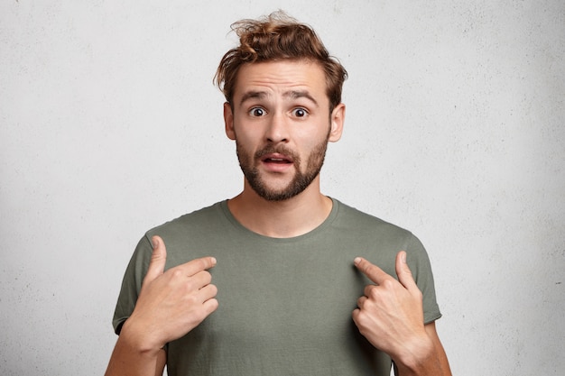 Puzzled Handsome Bearded Young Man Pointing at Himself – Free Stock Photo for Download