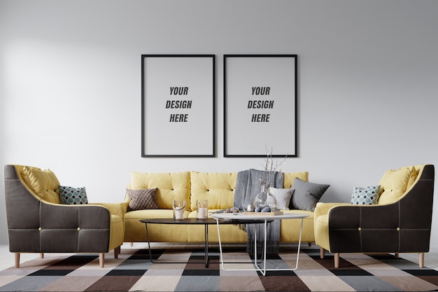 Modern Interior Living Room Frame and Wall Mockup – Download Free Stock Photo