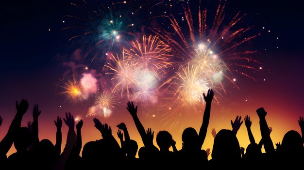 Crowd Celebrating New Year’s Eve Under Colorful Fireworks – Free Download