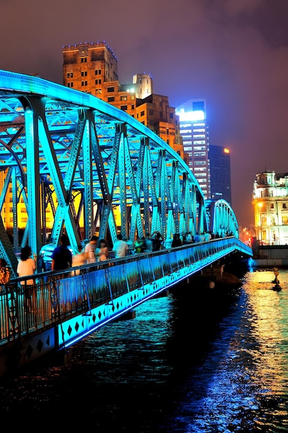 Stunning Night View of Shanghai’s Waibaidu Bridge with Colorful River Lights – Free to Download